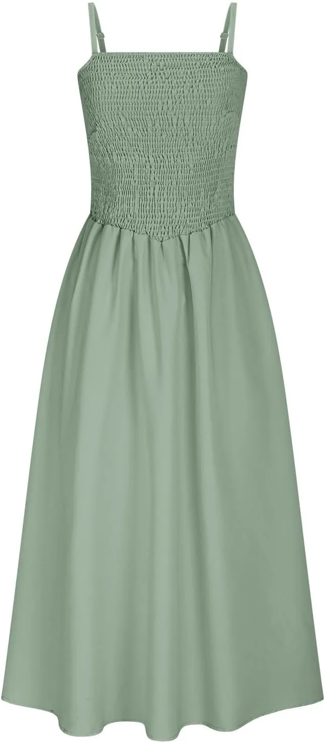 Smocked Dress Women Sleeveless Crew Neck Beach Maxi Sundresses Casual Spaghetti Strap Swing A Line Long Flowy Dress
