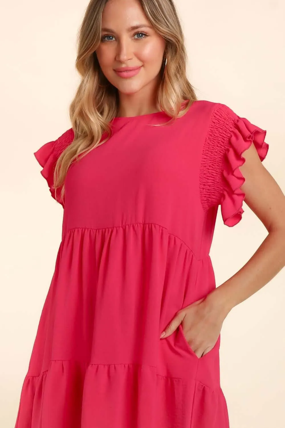 Smocking Ruffle Short Sleeve Dress with Pockets