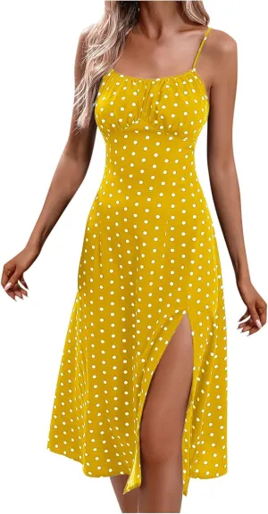 Spaghetti Strap Dresses for Women 2025 Polka Dot Midi Dress Sleeveless Slit Summer Sundress Beach Vacation Sexy Dress
