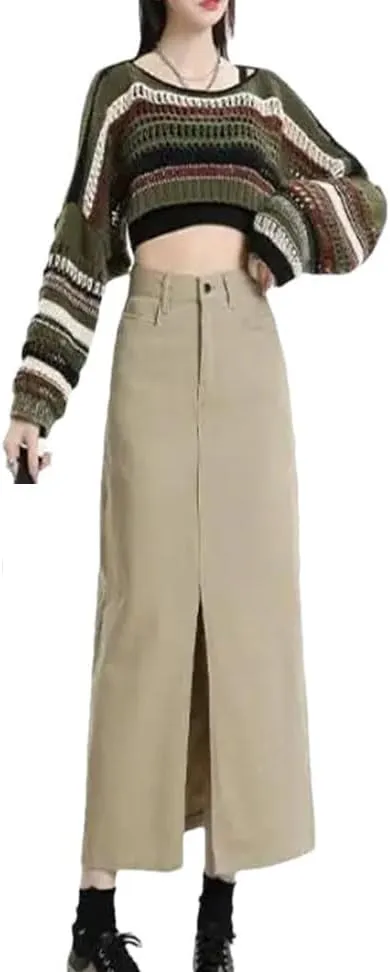 Split Denim Skirt for Women's High Waisted Loose A-Line Long Wrap Hip Skirt