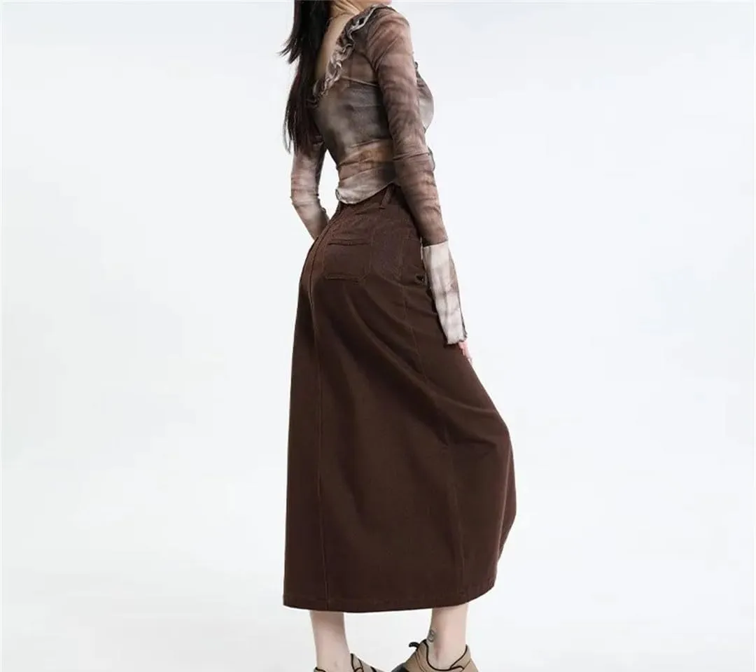Split Denim Skirt for Women's High Waisted Loose A-Line Long Wrap Hip Skirt