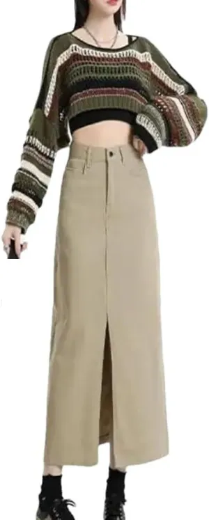 Split Denim Skirt for Women's High Waisted Loose A-Line Long Wrap Hip Skirt