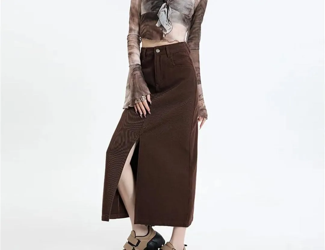 Split Denim Skirt for Women's High Waisted Loose A-Line Long Wrap Hip Skirt