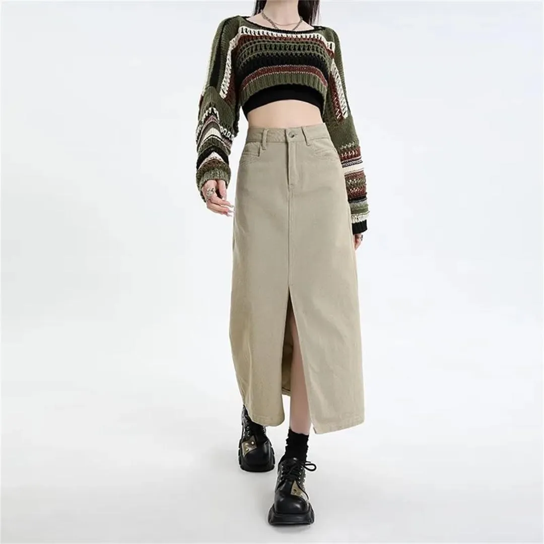Split Denim Skirt for Women's High Waisted Loose A-Line Long Wrap Hip Skirt