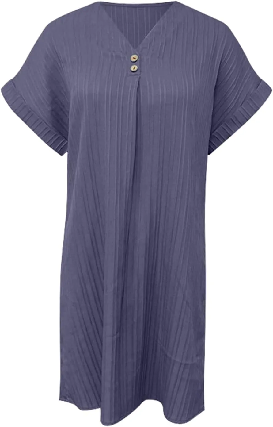 Spring Dresses for Women, Womens Cotton Shirt Dress Summer Casual Short Sleeve Button Down Beach Cover Up Shirts with Pockets