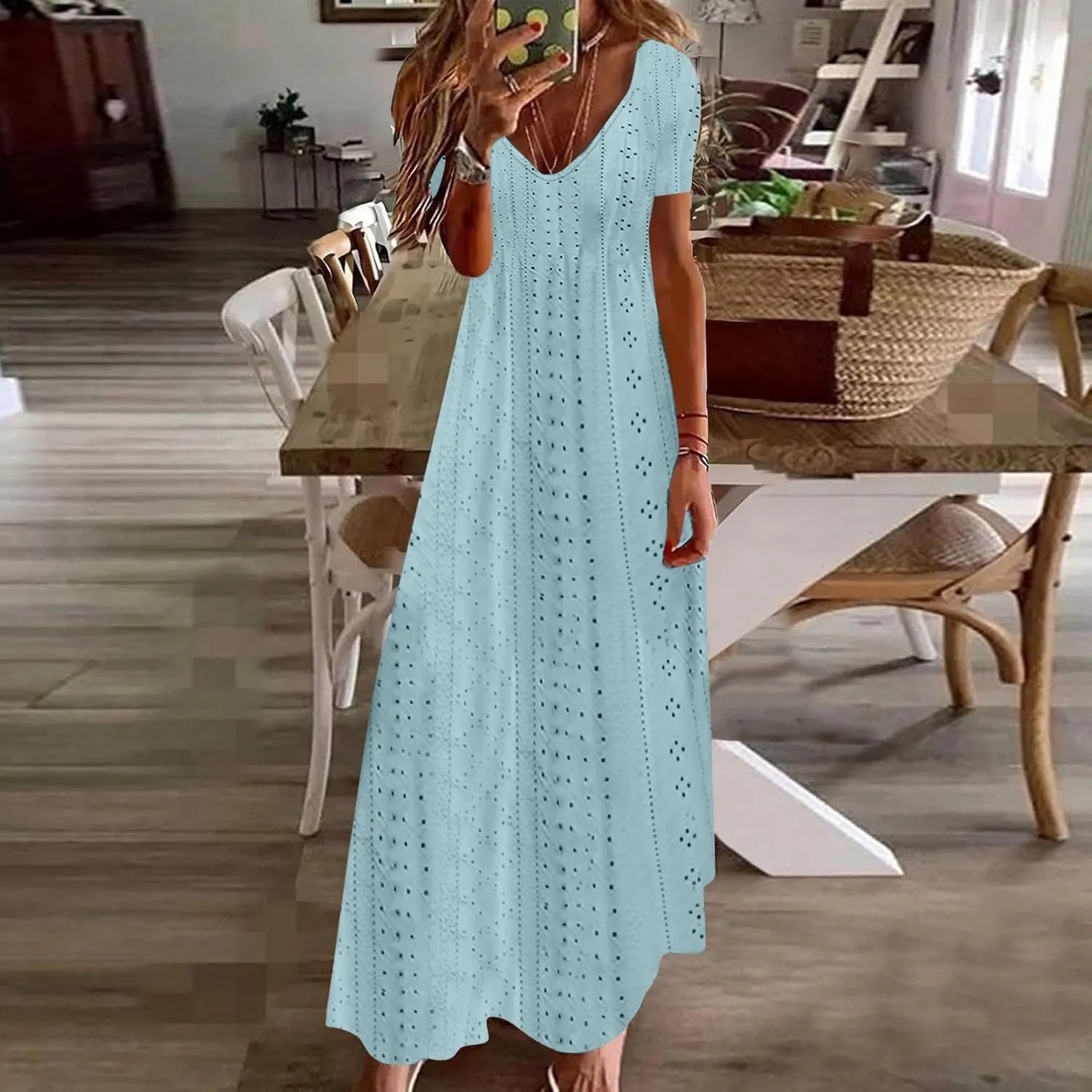 Spring Maxi Dresses for Women 2025 Summer Casual Petal Sleeve Eyelet Dress Fashion Trendy Loose Swing Flowy Long Dress