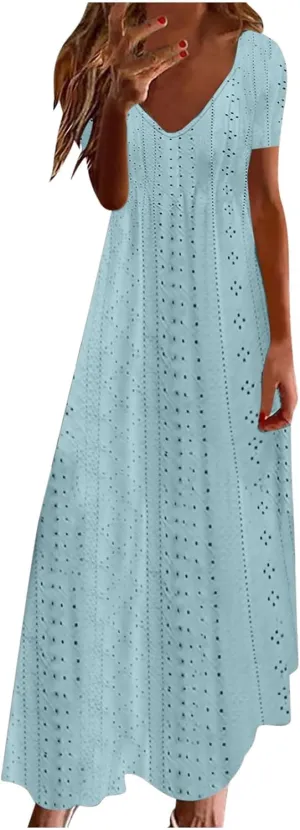 Spring Maxi Dresses for Women 2025 Summer Casual Petal Sleeve Eyelet Dress Fashion Trendy Loose Swing Flowy Long Dress