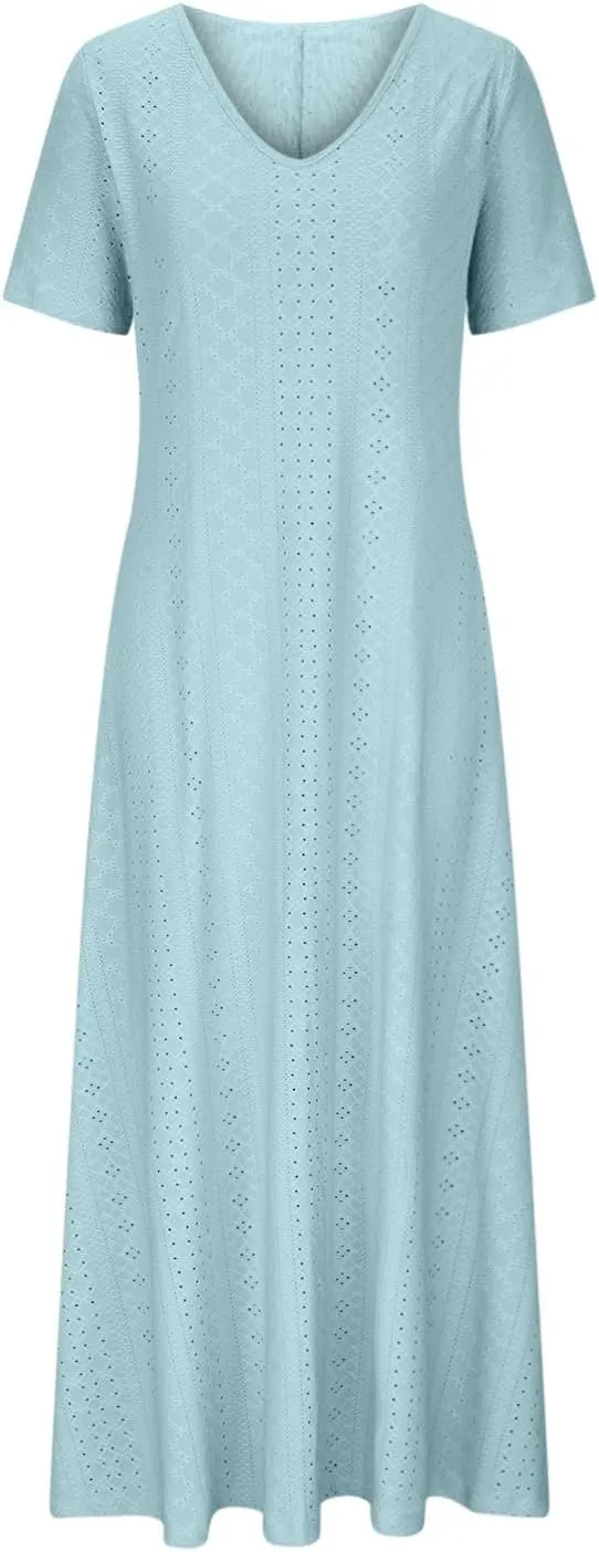 Spring Maxi Dresses for Women 2025 Summer Casual Petal Sleeve Eyelet Dress Fashion Trendy Loose Swing Flowy Long Dress