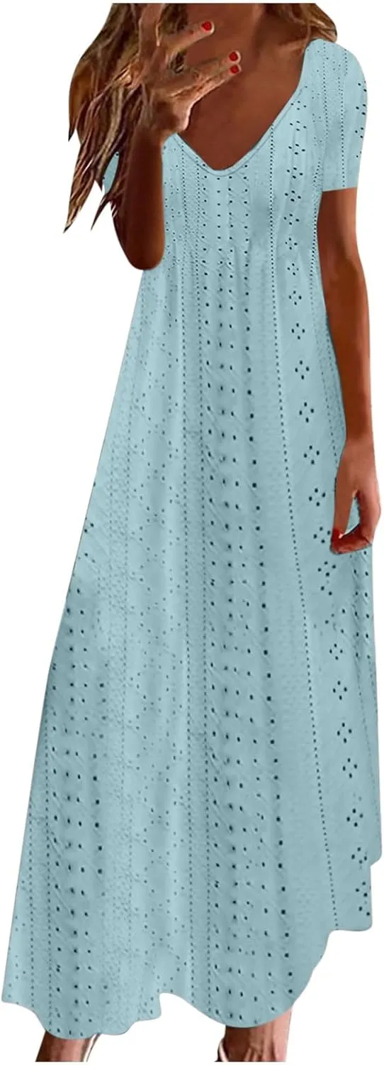 Spring Maxi Dresses for Women 2025 Summer Casual Petal Sleeve Eyelet Dress Fashion Trendy Loose Swing Flowy Long Dress