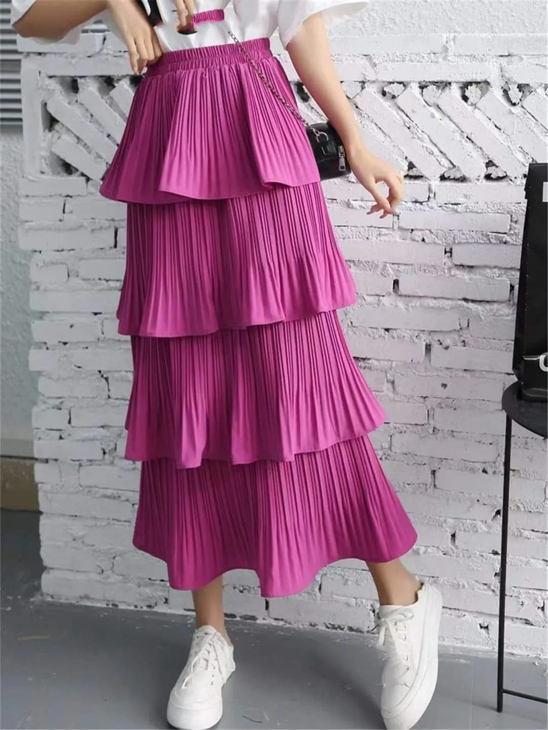 Spring Summer Women High Waist Slim Long Skirt Solid Color Multi-Layer Pleated Hem Cake Skirt