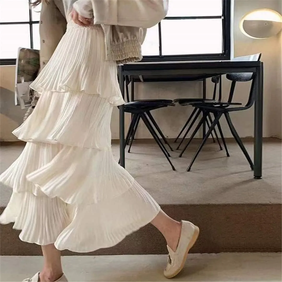 Spring Summer Women High Waist Slim Long Skirt Solid Color Multi-Layer Pleated Hem Cake Skirt