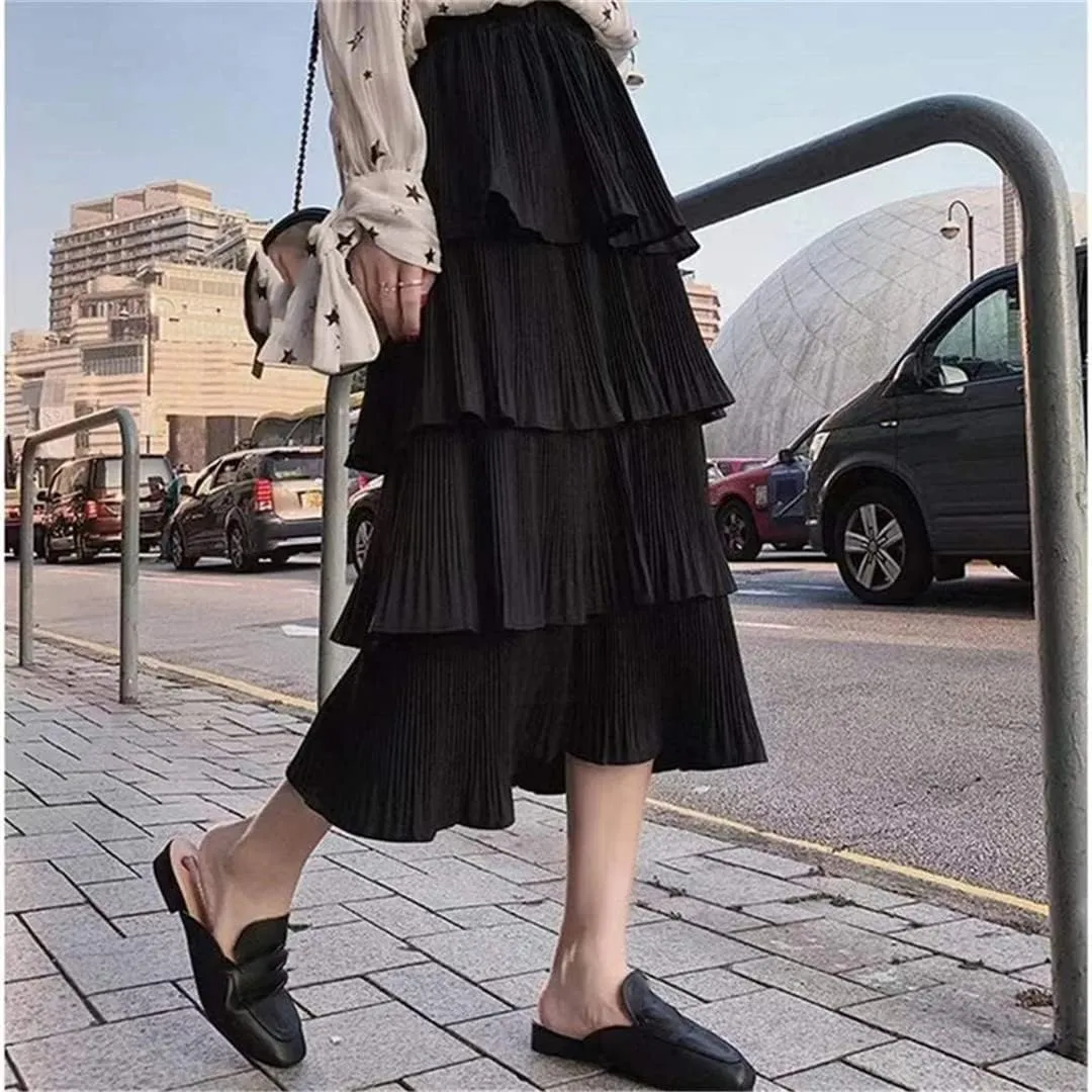 Spring Summer Women High Waist Slim Long Skirt Solid Color Multi-Layer Pleated Hem Cake Skirt