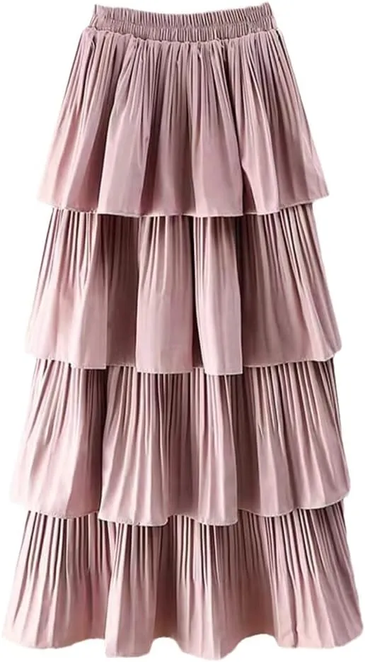 Spring Summer Women High Waist Slim Long Skirt Solid Color Multi-Layer Pleated Hem Cake Skirt