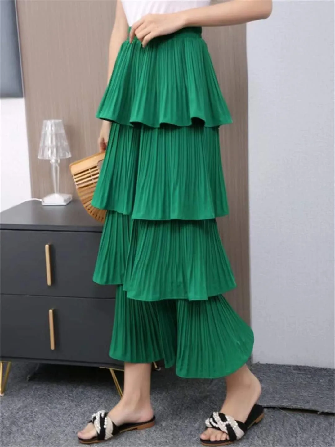 Spring Summer Women High Waist Slim Long Skirt Solid Color Multi-Layer Pleated Hem Cake Skirt