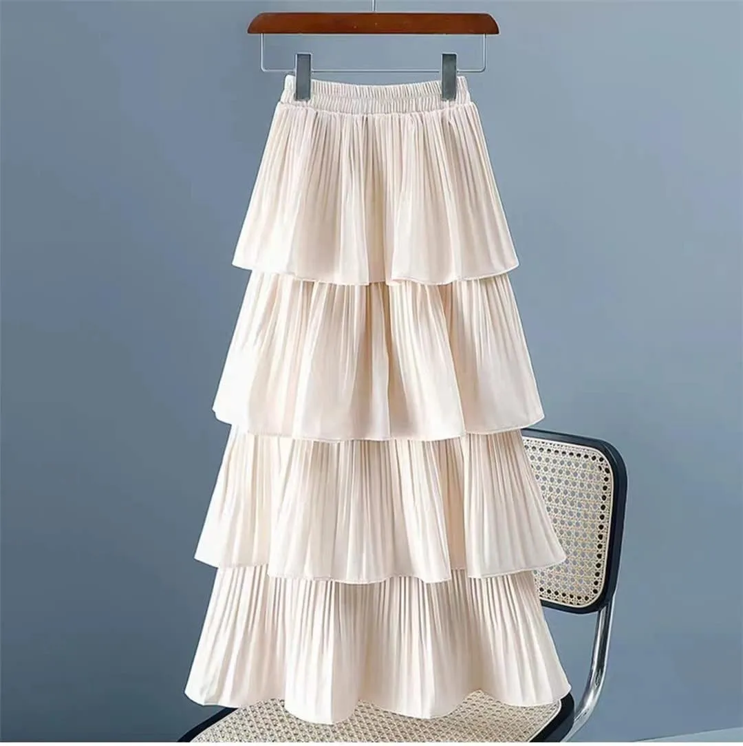 Spring Summer Women High Waist Slim Long Skirt Solid Color Multi-Layer Pleated Hem Cake Skirt