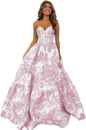Strapless Corset Prom Dresses 2025 Jacquard Satin Ball Gowns with Pockets Long Formal Evening Dresses XOD0429