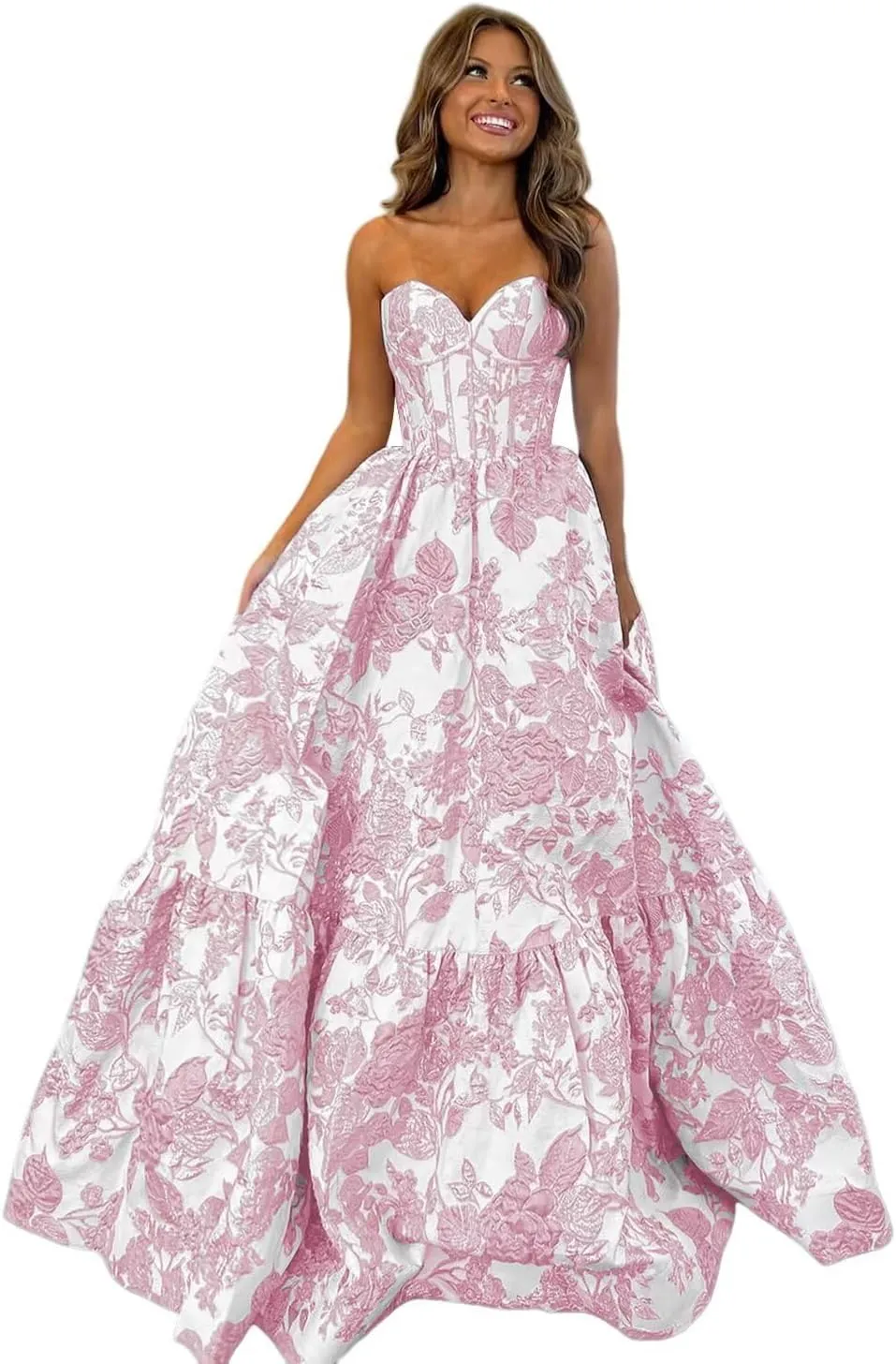 Strapless Corset Prom Dresses 2025 Jacquard Satin Ball Gowns with Pockets Long Formal Evening Dresses XOD0429