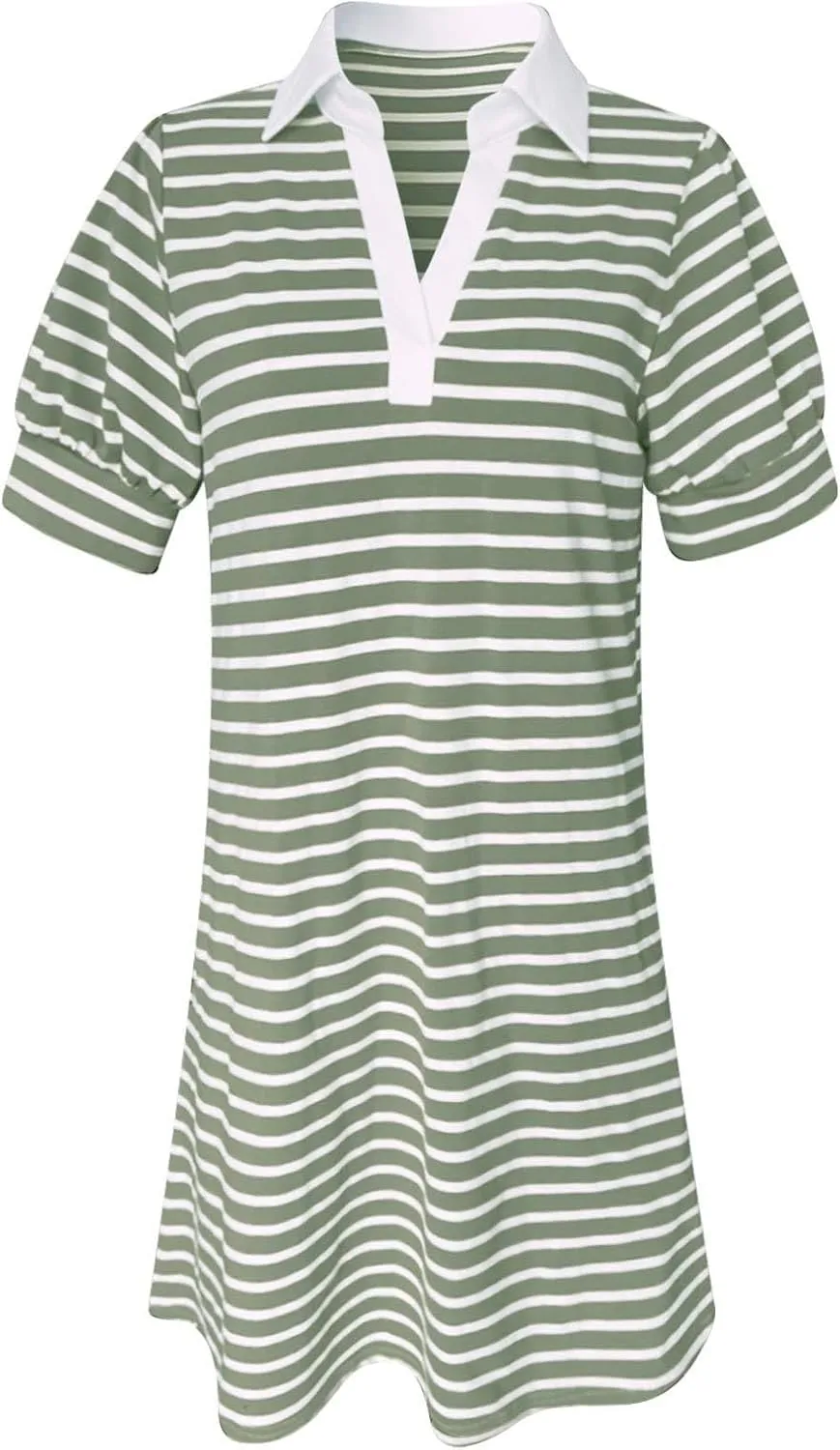 Striped Shirt Dresses for Women 2025 V Neck Lapel Casual Summer Dresses Puff Short Sleeve Flowy A Line Midi Dress