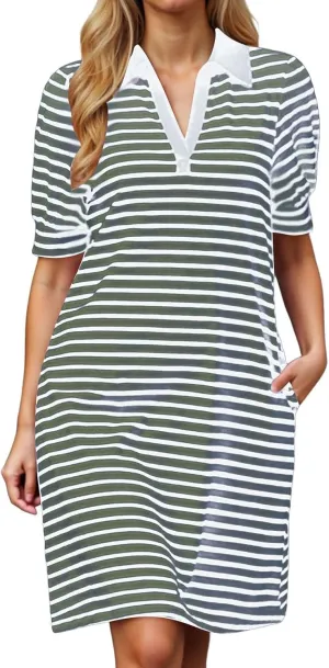 Striped Shirt Dresses for Women 2025 V Neck Lapel Casual Summer Dresses Puff Short Sleeve Flowy A Line Midi Dress