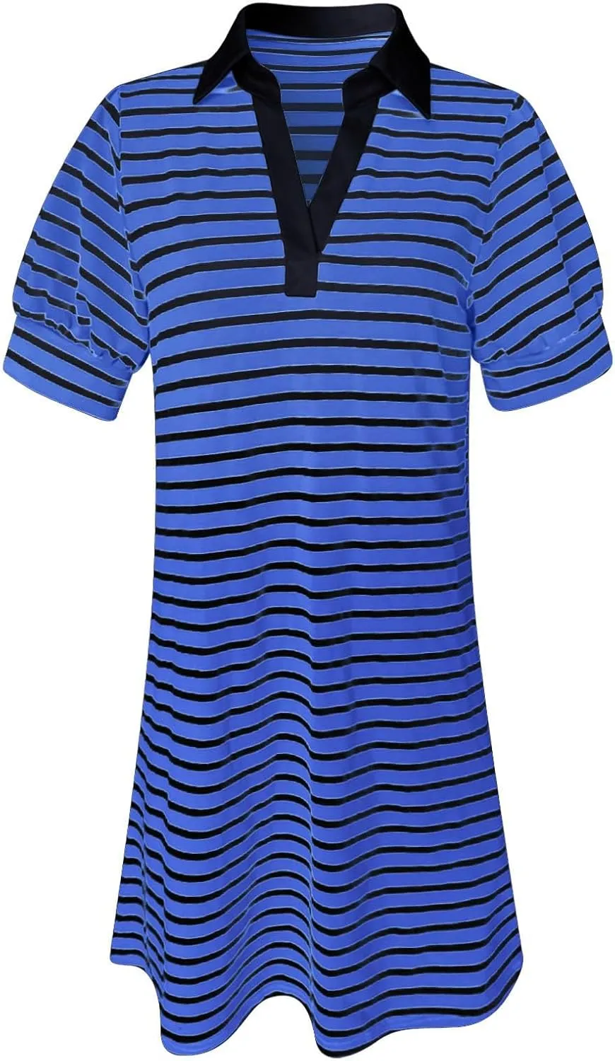 Striped Shirt Dresses for Women 2025 V Neck Lapel Casual Summer Dresses Puff Short Sleeve Flowy A Line Midi Dress