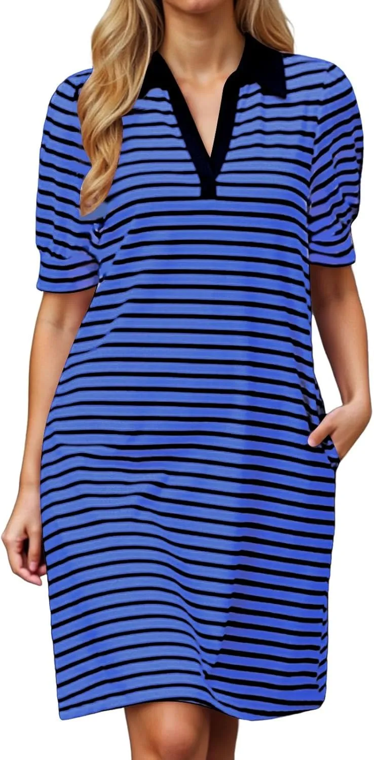 Striped Shirt Dresses for Women 2025 V Neck Lapel Casual Summer Dresses Puff Short Sleeve Flowy A Line Midi Dress