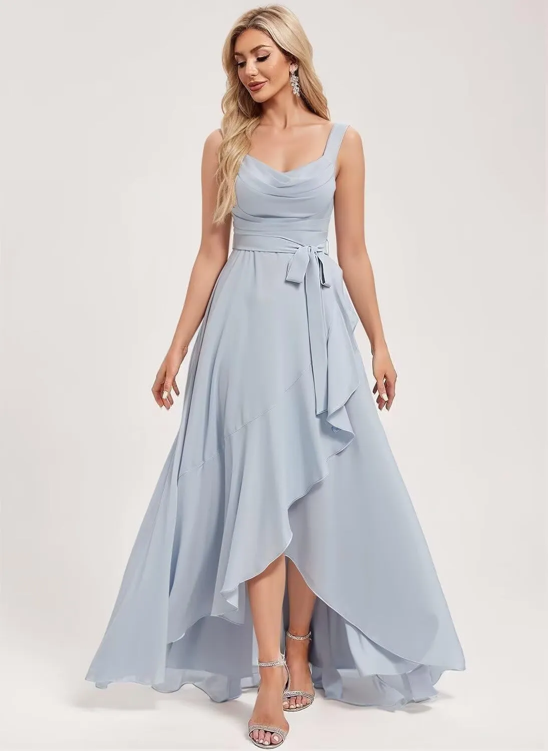 Stylefun Women's Square Neck Bridesmaid Dresses Long Asymmetrical A Line Chiffon Formal Dress with Belt CYM218