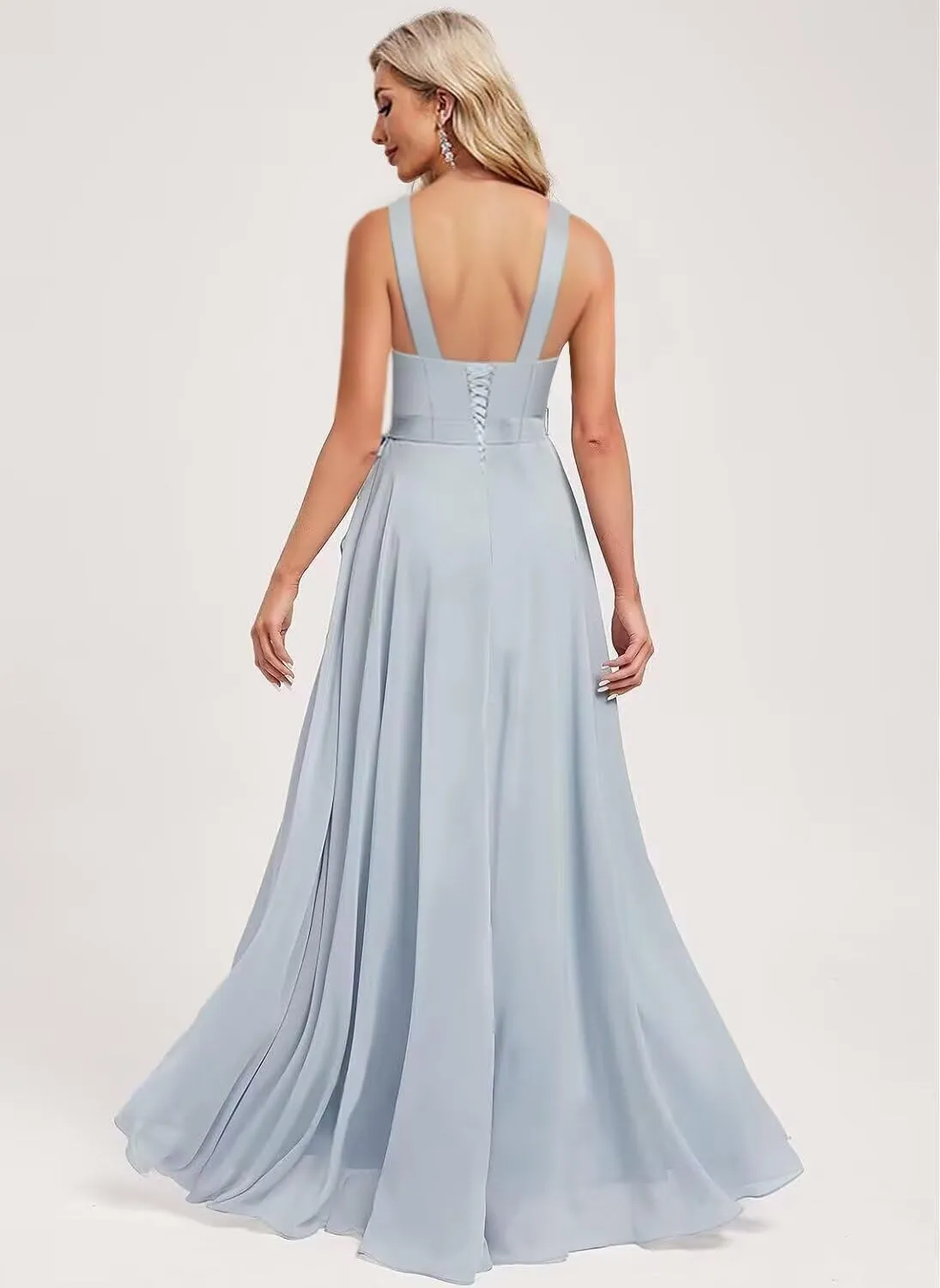 Stylefun Women's Square Neck Bridesmaid Dresses Long Asymmetrical A Line Chiffon Formal Dress with Belt CYM218