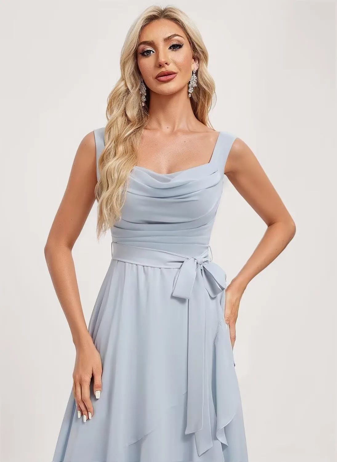Stylefun Women's Square Neck Bridesmaid Dresses Long Asymmetrical A Line Chiffon Formal Dress with Belt CYM218