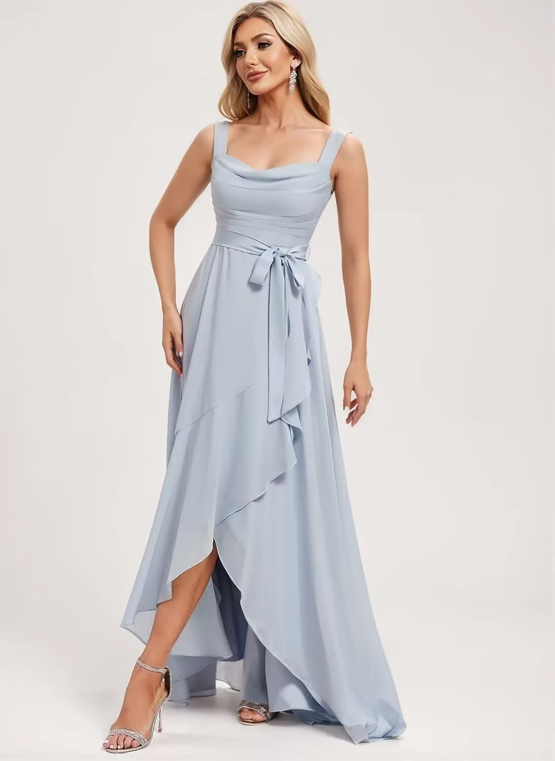 Stylefun Women's Square Neck Bridesmaid Dresses Long Asymmetrical A Line Chiffon Formal Dress with Belt CYM218