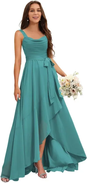 Stylefun Women's Square Neck Bridesmaid Dresses Long Asymmetrical A Line Chiffon Formal Dress with Belt CYM218