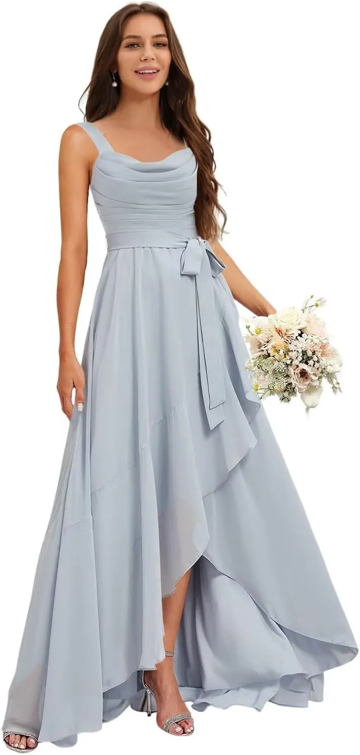 Stylefun Women's Square Neck Bridesmaid Dresses Long Asymmetrical A Line Chiffon Formal Dress with Belt CYM218