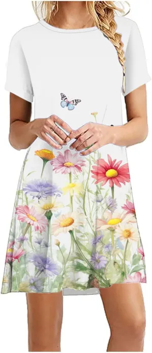 Summer Beach Short Dress for Women 2025 Casual Fashion Round Neck Swing Dress Floral Print Short Sleeve Mini Sundress