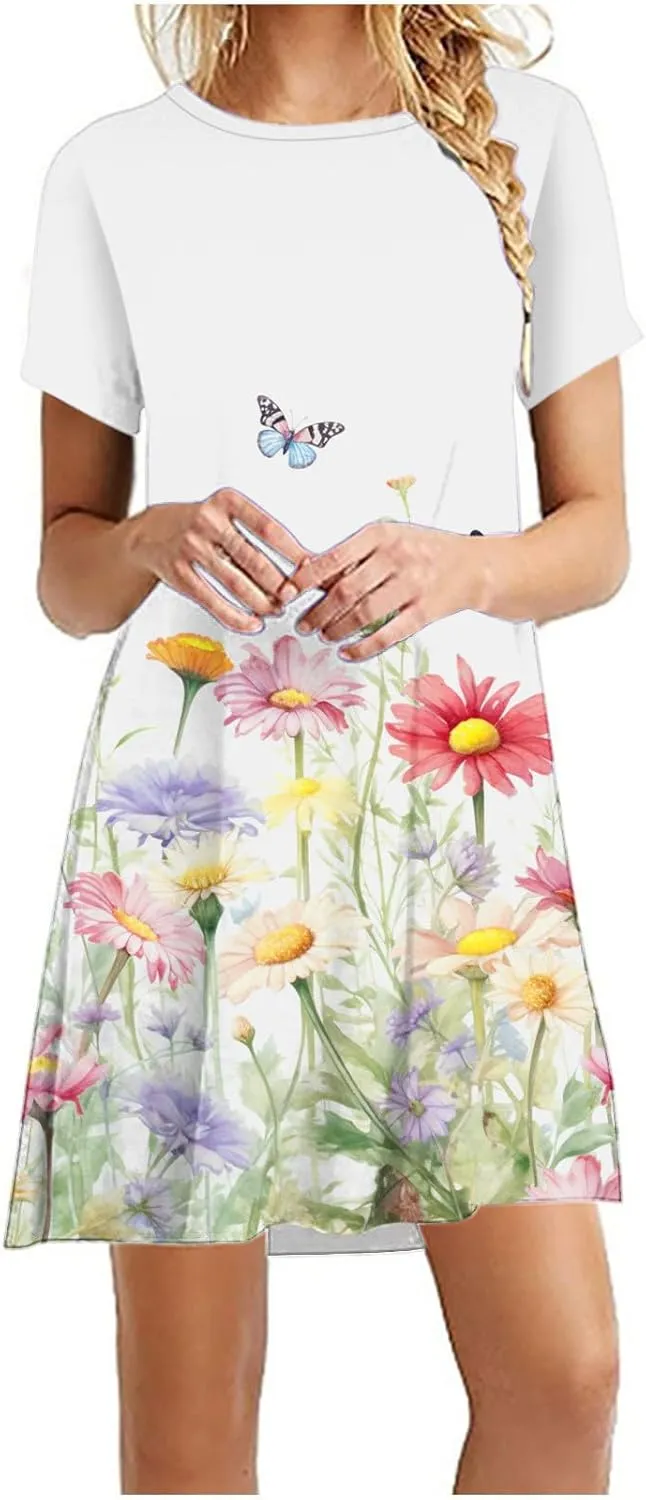 Summer Beach Short Dress for Women 2025 Casual Fashion Round Neck Swing Dress Floral Print Short Sleeve Mini Sundress