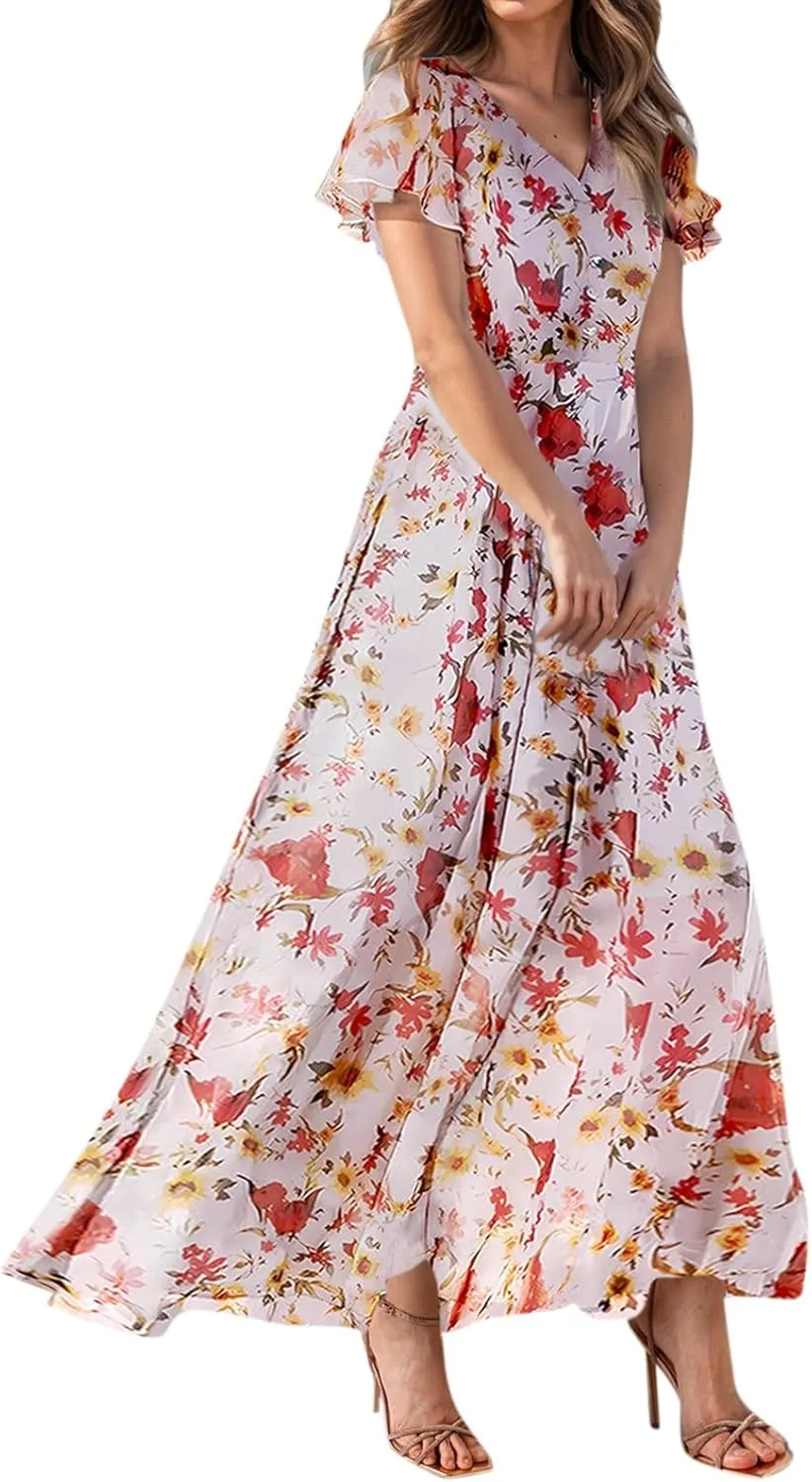 Summer Dress for Women 2025 Elegant Classy Swing Flowy V Neck Boho Sun Dresses Trendy Casual Vacation Long Sundresses
