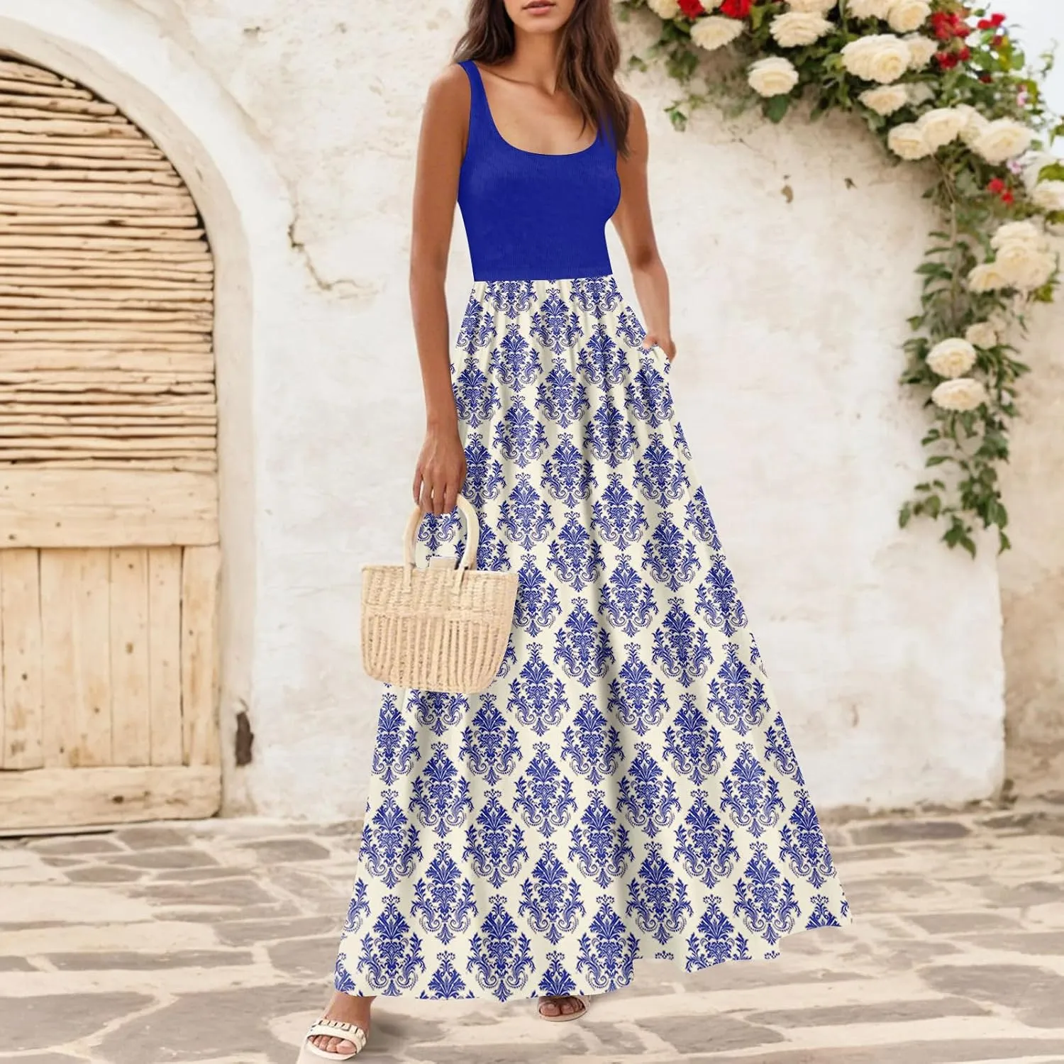 Summer Dress for Women 2025 Floral Sundress Flowy Beach Vacation Boho Maxi Dresses Tiered Floral Maxi Dress