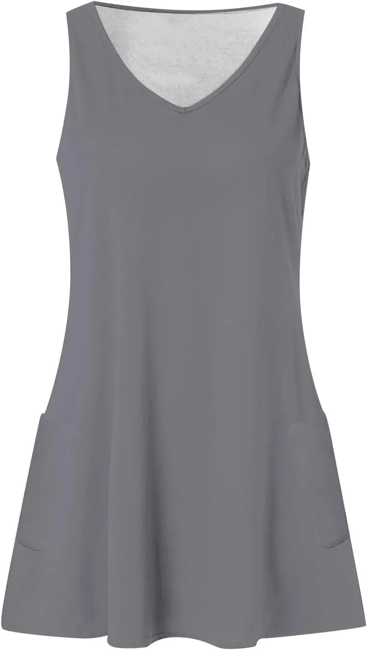 Summer Dress with Pockets for Women 2024 Loose Sleeveless V Neck Swing Sundress Boho Beach Flowy Cover up Tank Dress