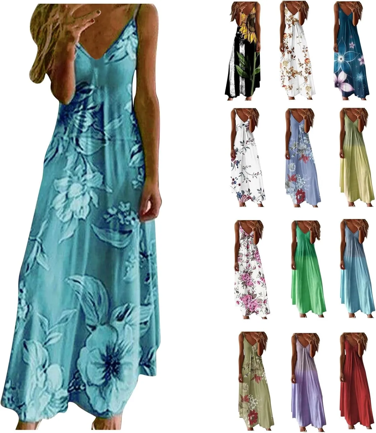 Summer Dresses for Women 2023 Trendy Casual Boho Plus Size Dress Floral Printed V Neck Spaghetti Strap Flowy Long Maxi Sundress Hawaiian Beach Clothes Sun Dress Dresses for Weddings as a Guest