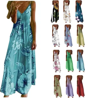 Summer Dresses for Women 2023 Trendy Casual Boho Plus Size Dress Floral Printed V Neck Spaghetti Strap Flowy Long Maxi Sundress Hawaiian Beach Clothes Sun Dress Dresses for Weddings as a Guest