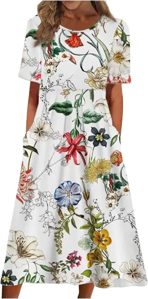 Summer Dresses for Women 2024 Boho Floral Dress Short Sleeve Flowy A Line Swing Midi Dresses Cruise Beach Vacation Sundresses