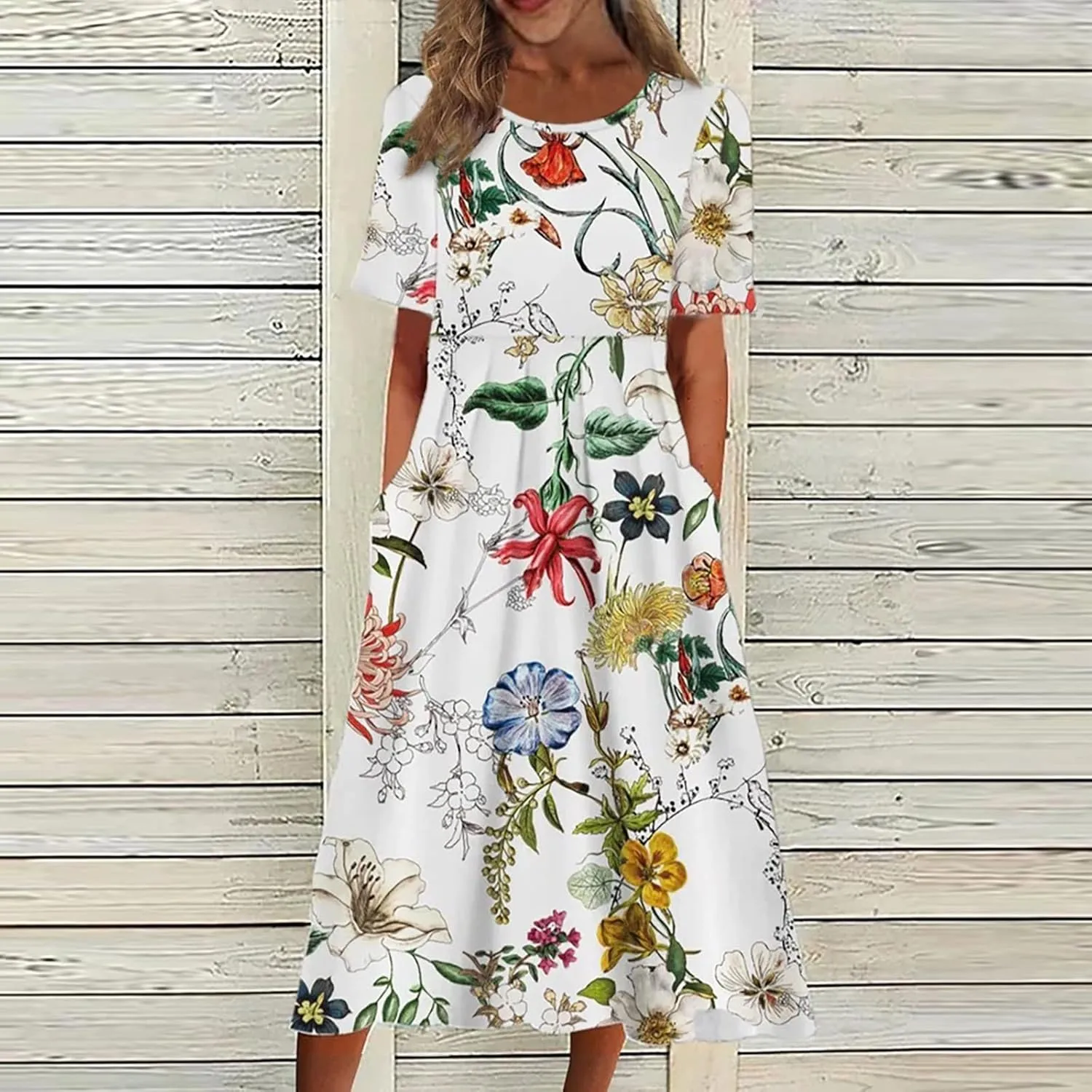Summer Dresses for Women 2024 Boho Floral Dress Short Sleeve Flowy A Line Swing Midi Dresses Cruise Beach Vacation Sundresses