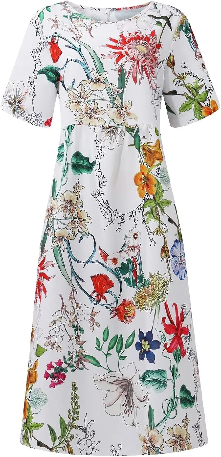 Summer Dresses for Women 2024 Boho Floral Dress Short Sleeve Flowy A Line Swing Midi Dresses Cruise Beach Vacation Sundresses