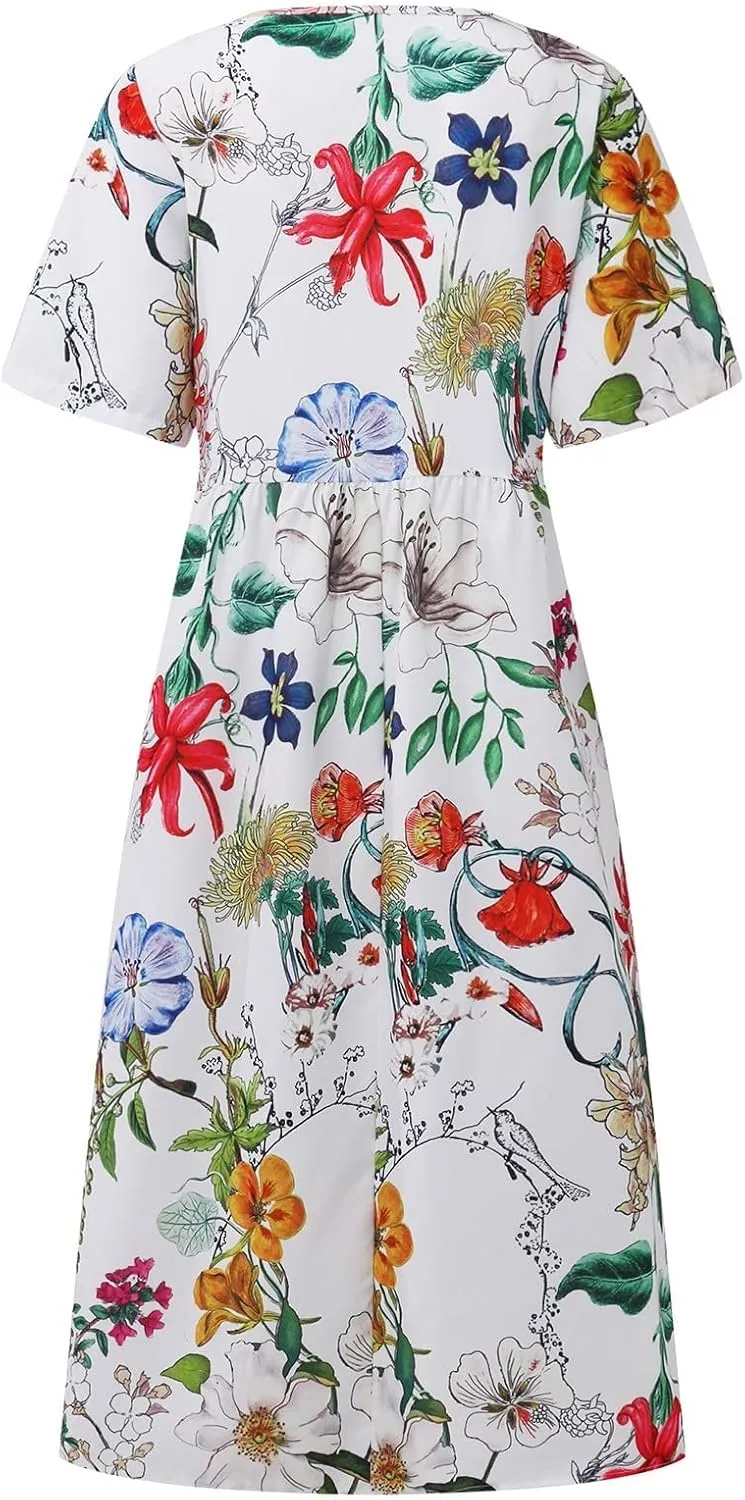 Summer Dresses for Women 2024 Boho Floral Dress Short Sleeve Flowy A Line Swing Midi Dresses Cruise Beach Vacation Sundresses