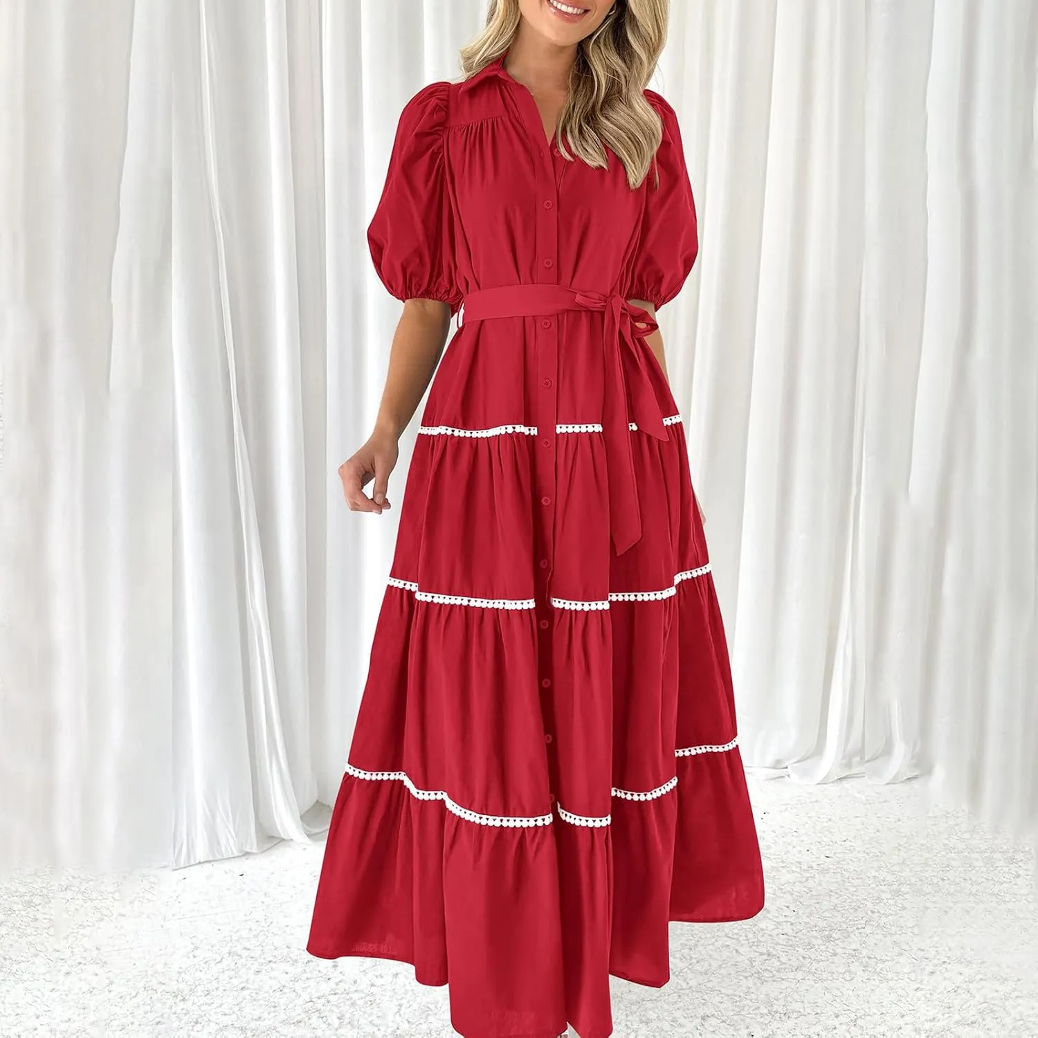 Summer Dresses for Women 2024 Casual Button Down A Line Dress V Neck Puff Sleeve Maxi Dress Trendy Summer Vacation Outfits