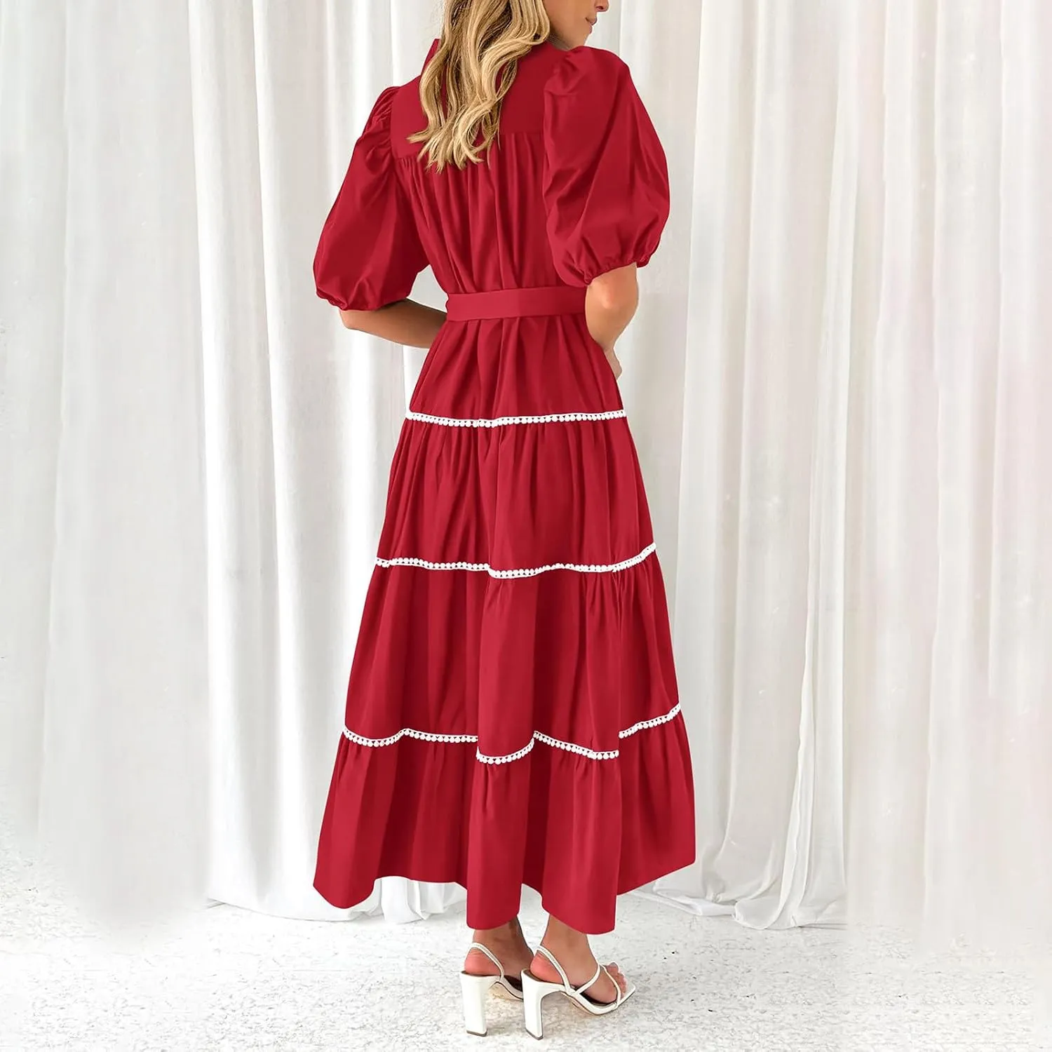 Summer Dresses for Women 2024 Casual Button Down A Line Dress V Neck Puff Sleeve Maxi Dress Trendy Summer Vacation Outfits