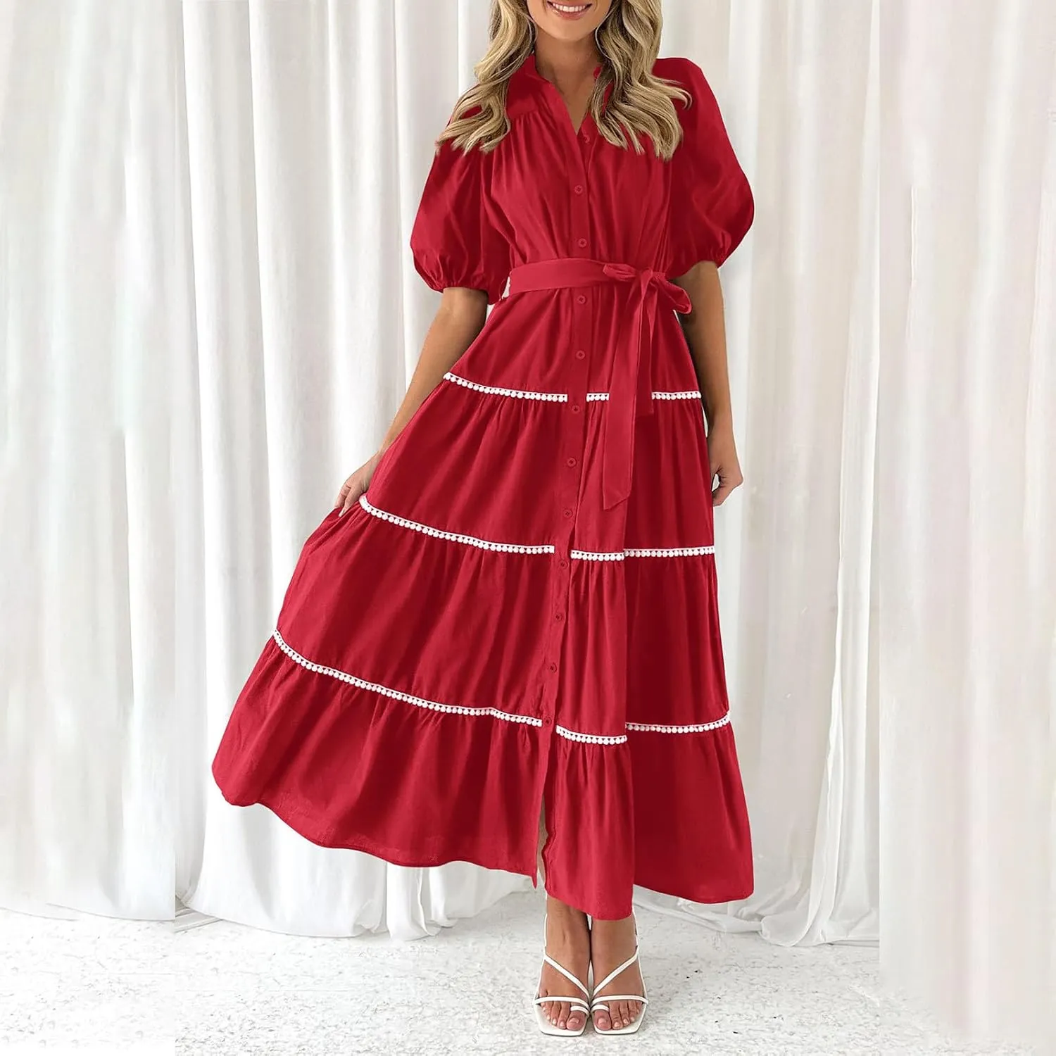 Summer Dresses for Women 2024 Casual Button Down A Line Dress V Neck Puff Sleeve Maxi Dress Trendy Summer Vacation Outfits