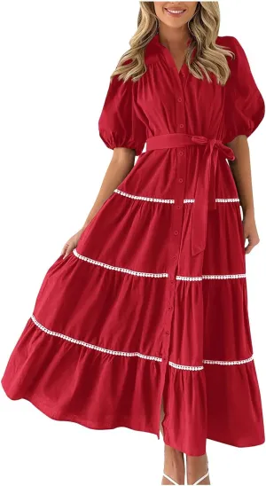 Summer Dresses for Women 2024 Casual Button Down A Line Dress V Neck Puff Sleeve Maxi Dress Trendy Summer Vacation Outfits