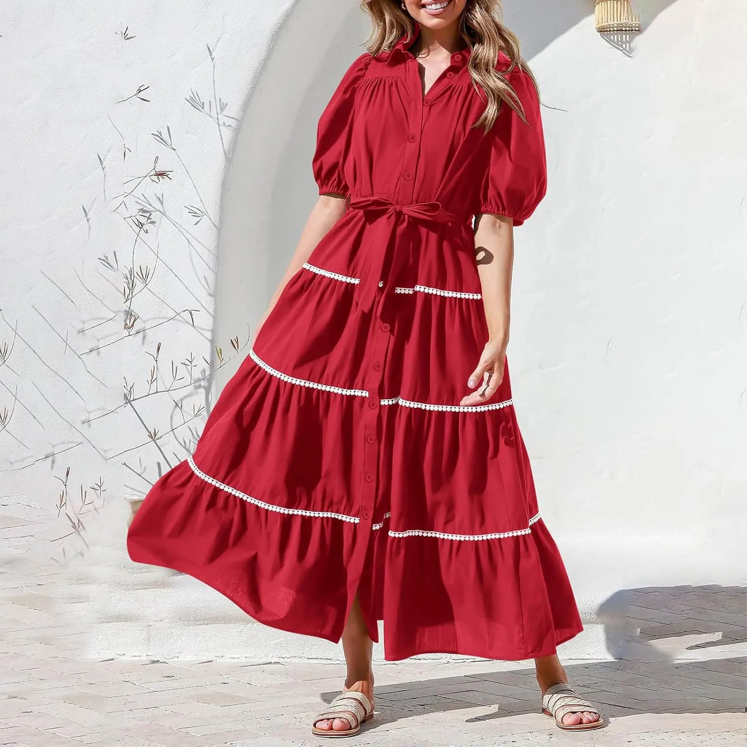 Summer Dresses for Women 2024 Casual Button Down A Line Dress V Neck Puff Sleeve Maxi Dress Trendy Summer Vacation Outfits
