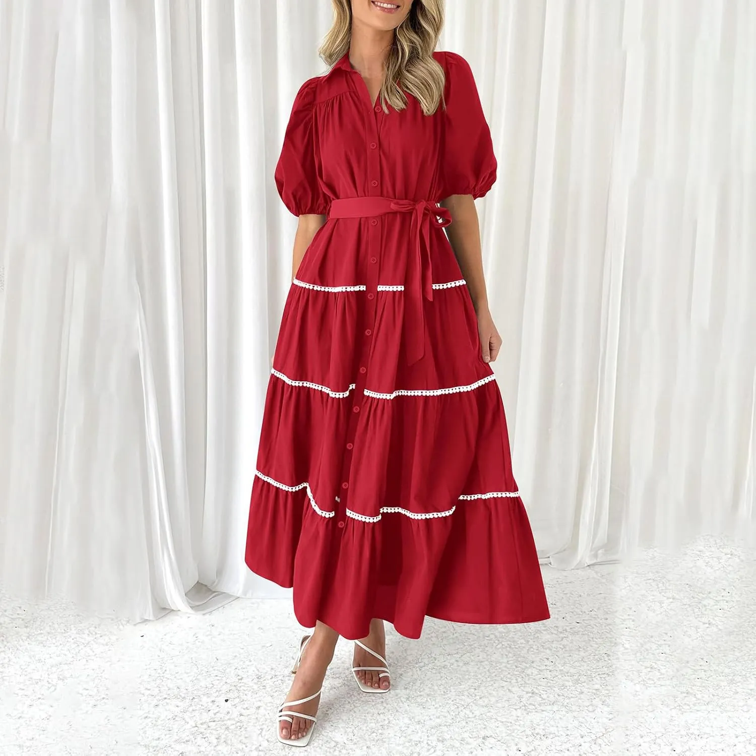 Summer Dresses for Women 2024 Casual Button Down A Line Dress V Neck Puff Sleeve Maxi Dress Trendy Summer Vacation Outfits