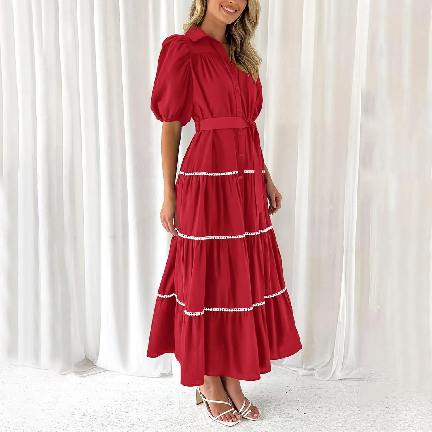 Summer Dresses for Women 2024 Casual Button Down A Line Dress V Neck Puff Sleeve Maxi Dress Trendy Summer Vacation Outfits