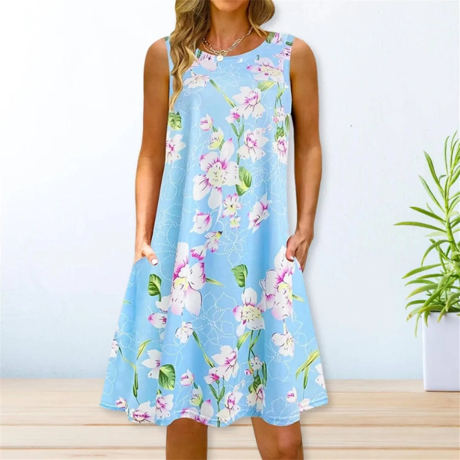 Summer Dresses for Women 2024 Casual Sleeveless Boho Floral Petite Sundress Plus Size Vacation Flowy Midi Dress